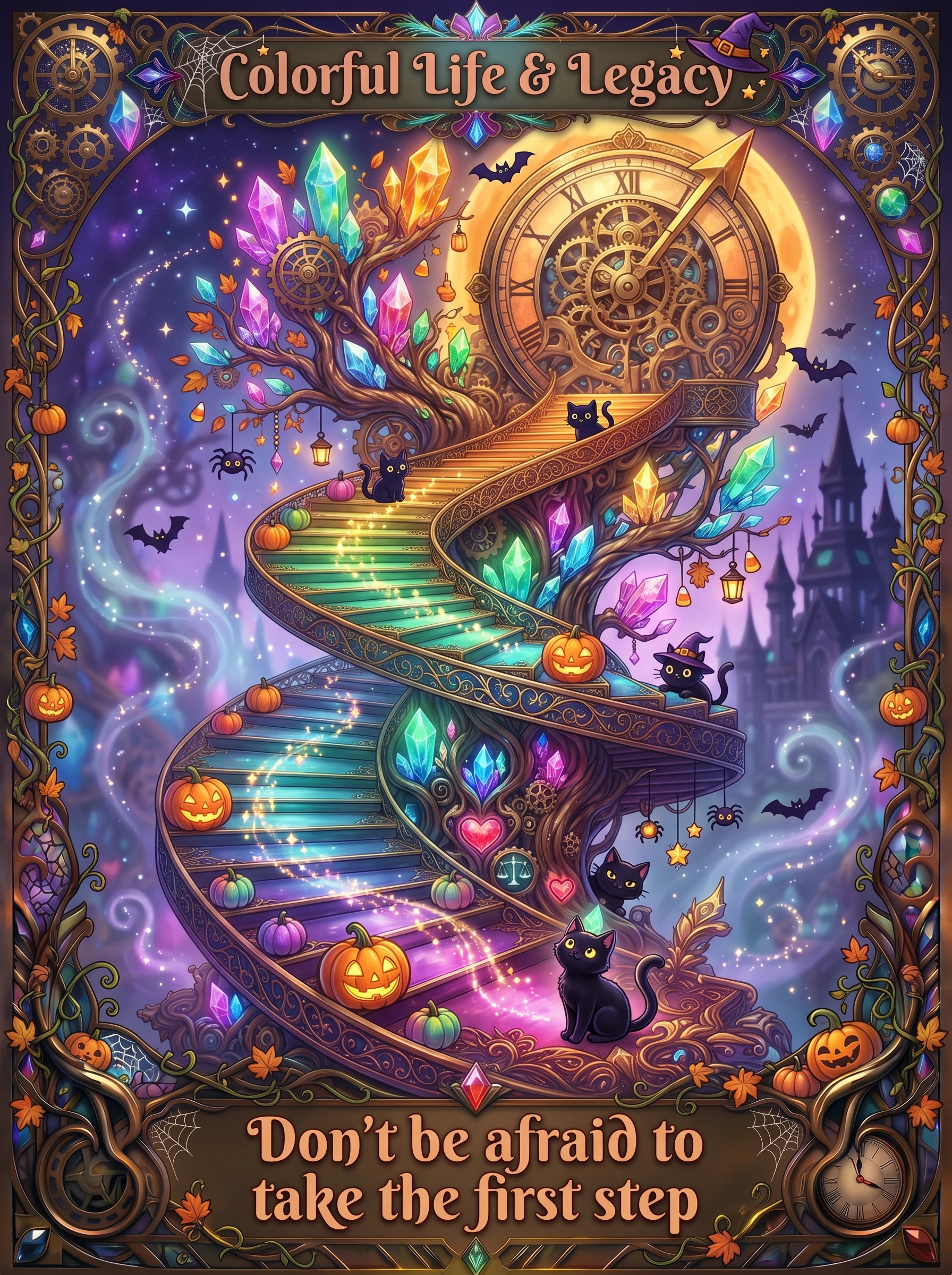 An ornate vertical fantasy illustration for Colorful Life & Legacy. A sweeping, multicolored crystal-and-clockwork staircase spirals upward from a dark lower platform through a gnarled tree adorned with glowing crystals, emerging into an open gateway leading to a majestic steampunk airship docked at the top. In the background, a picturesque European-style alpine village features towers, stone buildings, and a mountain range under a twilight sky. Elegant filigree and mechanical clock gears frame the top and sides. At the top, bold text reads "Colorful Life & Legacy". At the bottom, text reads "Your fantasy of a secure future, realized".